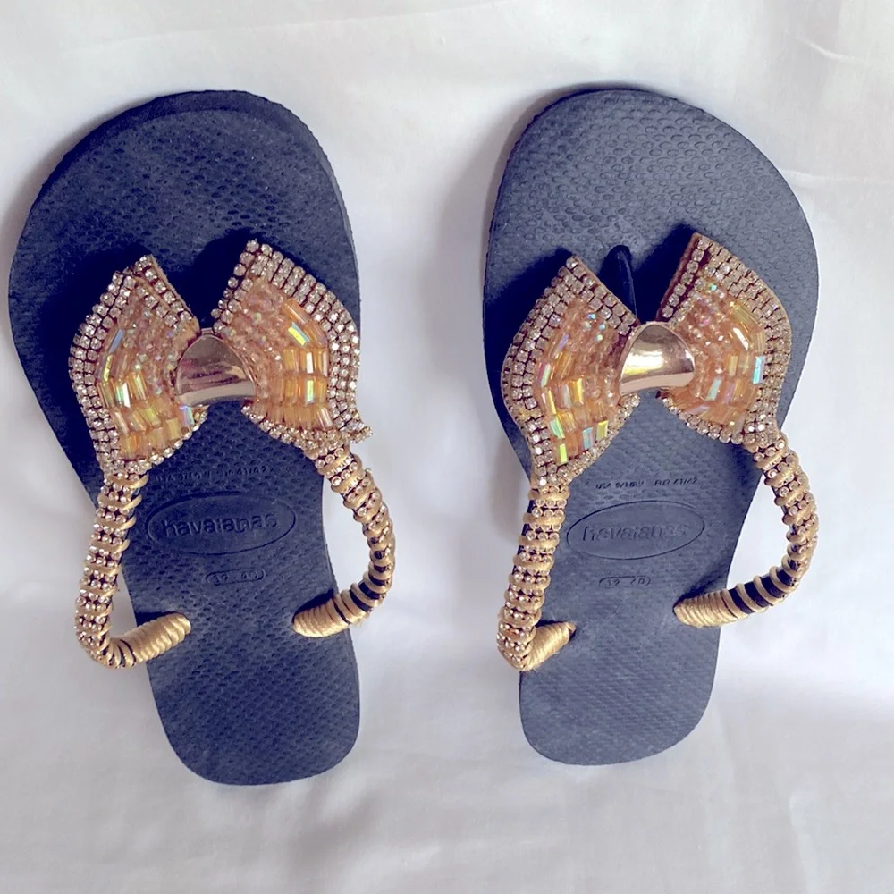NWOT Original Slim Havaianas Handmade Decorated Bow Black/Gold US 9/10W EU 41-42 - Picture 2 of 7